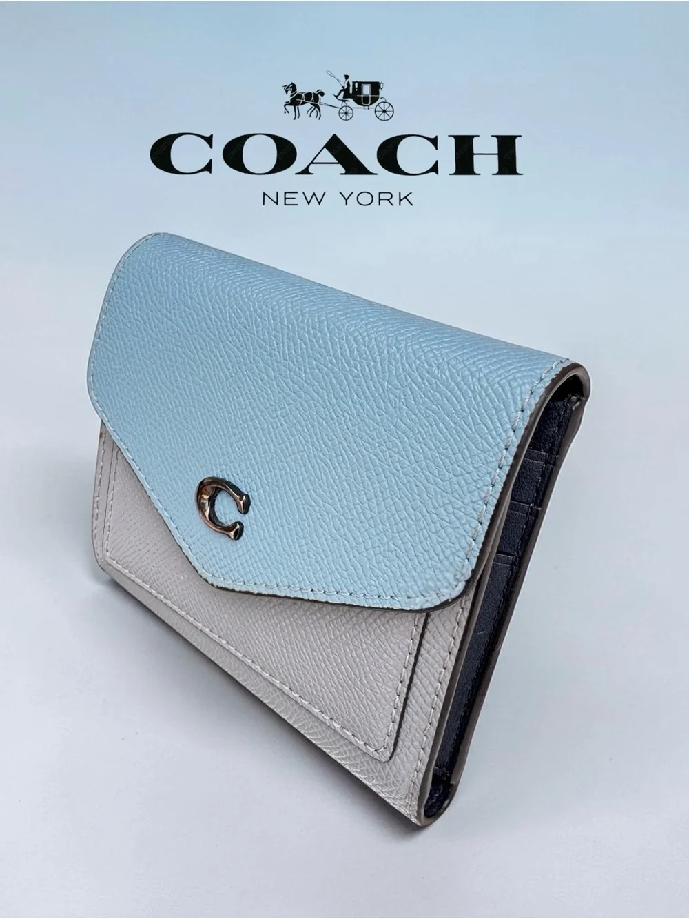 COACH Wyn Small Wallet in Dove Grey and Sky Blue Multi Colorblock.